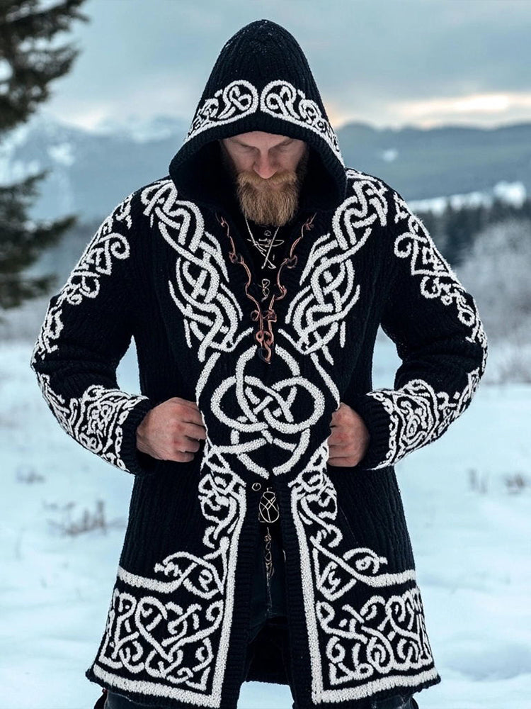 Men's Vintage Viking Style Jacquard Knit Hooded Cardigan artswardrobe