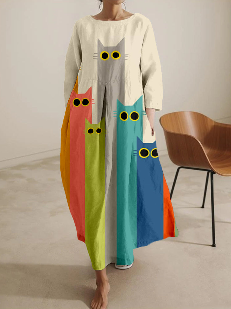 Comstylish Minimalistic Rainbow Cat Pattern Linen Blend Maxi Dress