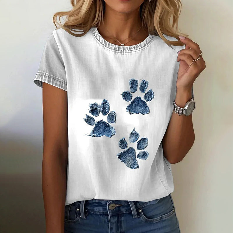 Women's Cute Cat Paw Denim Patchwork Art T-shirt elevenforest