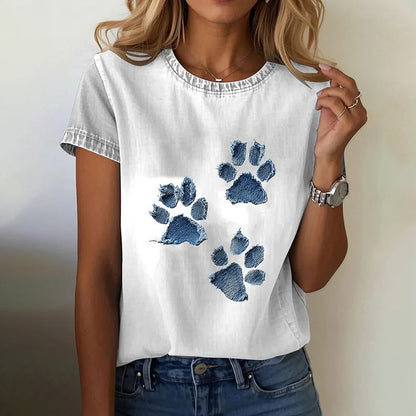 Women's Cute Cat Paw Denim Patchwork Art T-shirt elevenforest