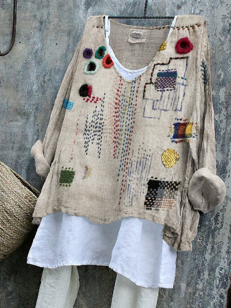 Comstylish Colorful Embroidered Japanese Sashiko Art Linen Blend Tunic