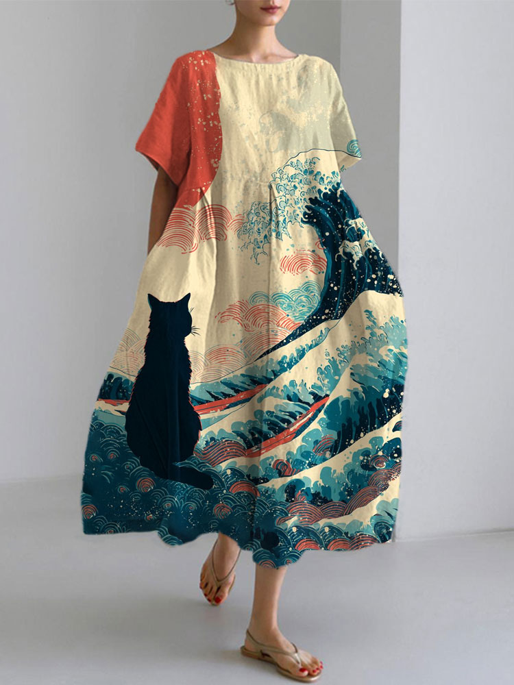 Comstylish Women's Casual Japanese Art Black Cat Print Dress