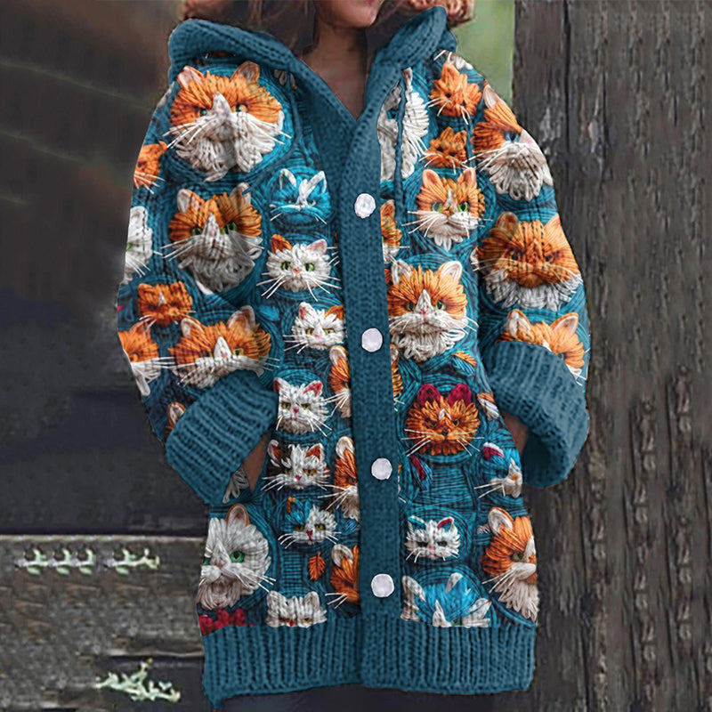 Comstylish Vintage Cute Cat Art Button Cozy Cardigan Sweater