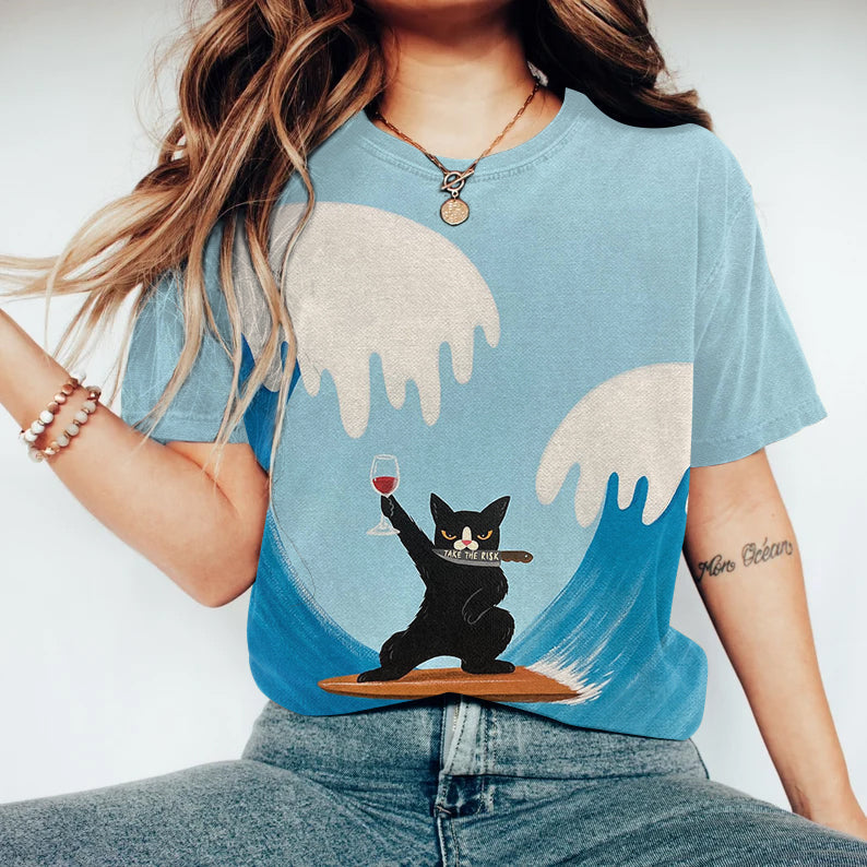 Take The Pisk Wave Cat Print T-Shirt elevenforest