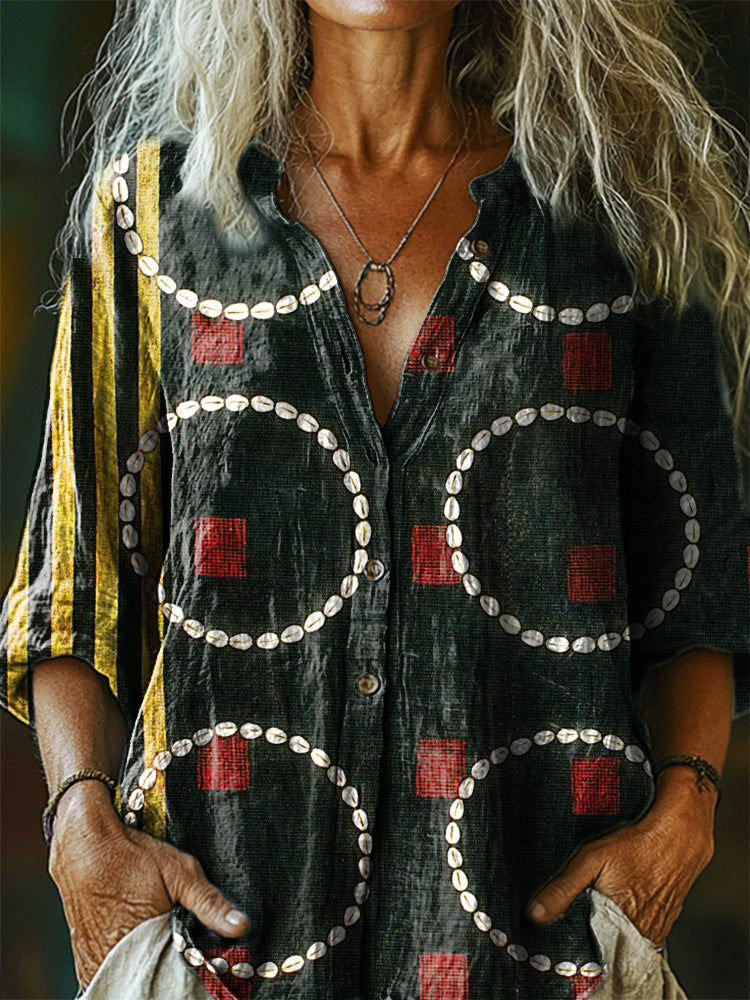 Women's Vintage Bohemian Pattern Art Print Casual Cotton Linen Shirt