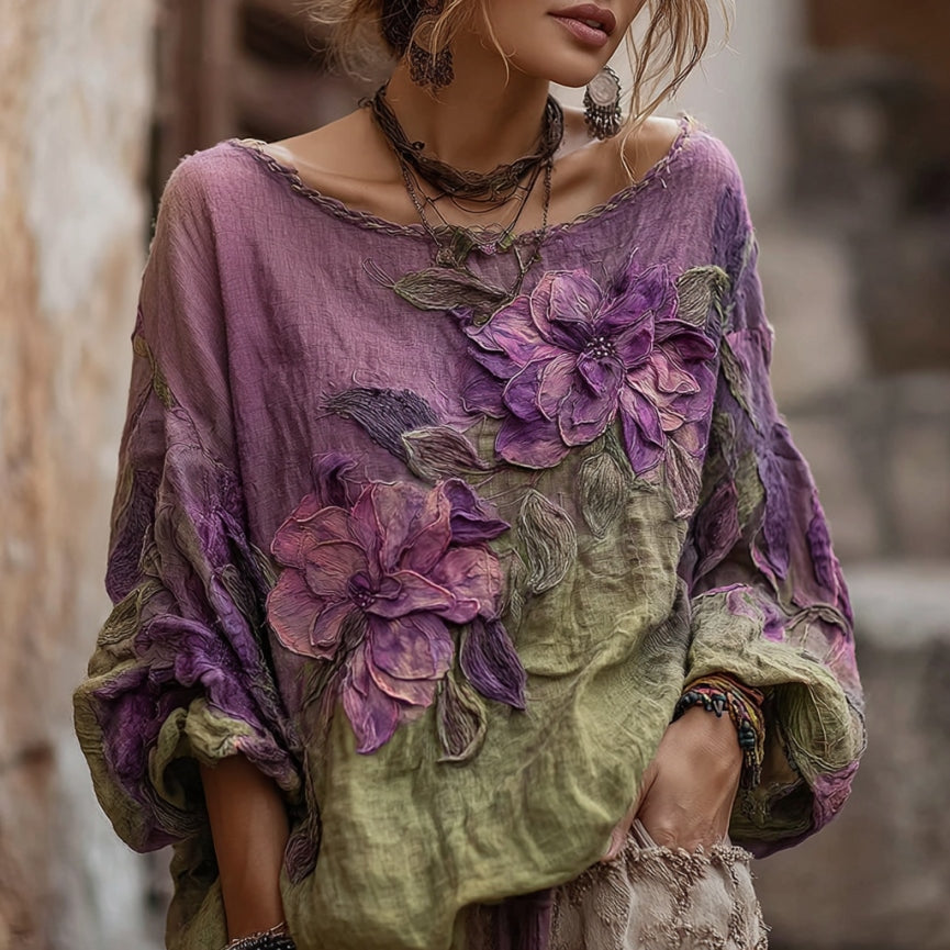 Comstylish Vintage Purple Flowers Art Gradient Linen Shirt