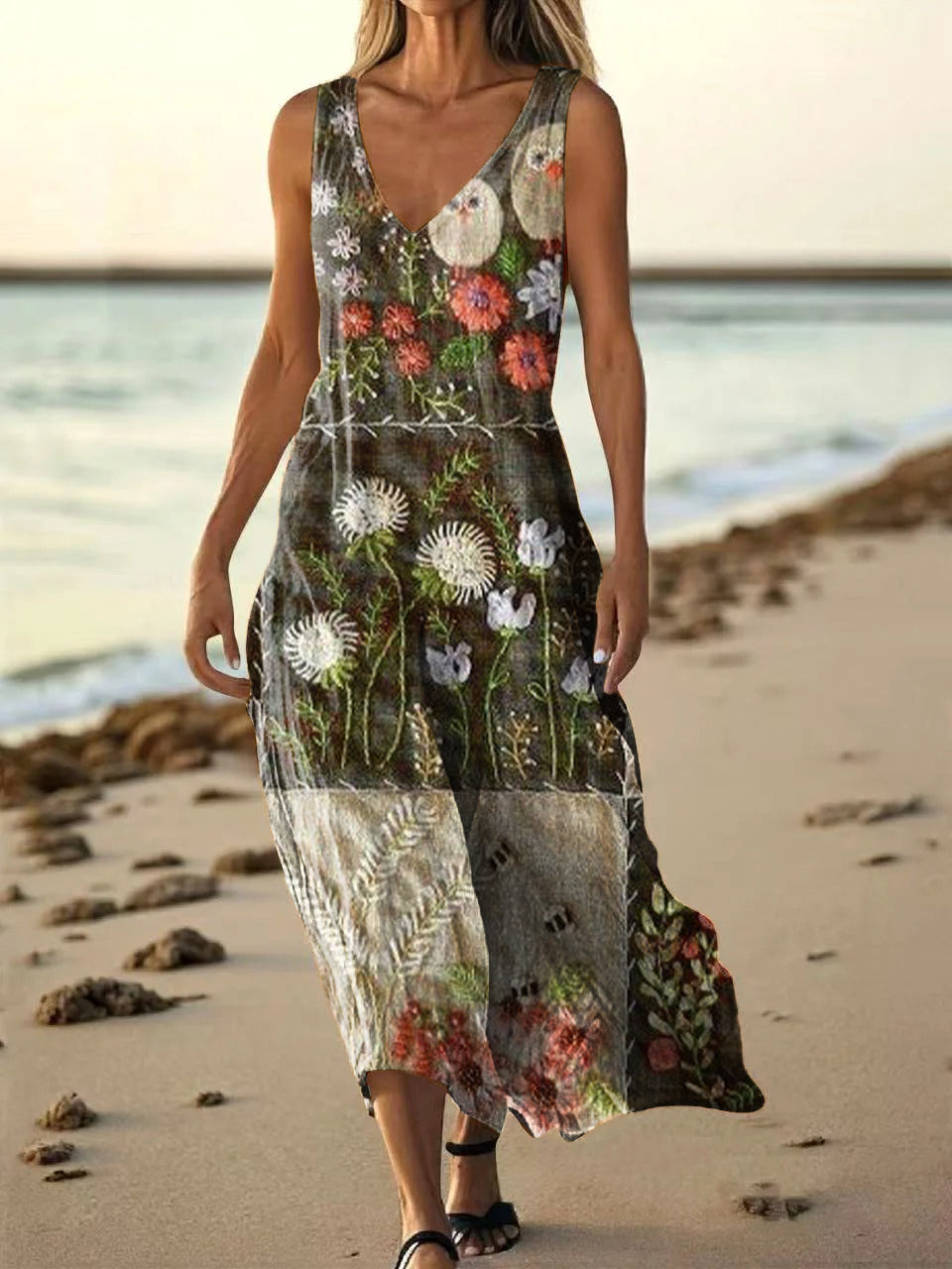 Women's Bohemian Floral Art Print Pocket Cotton Dress