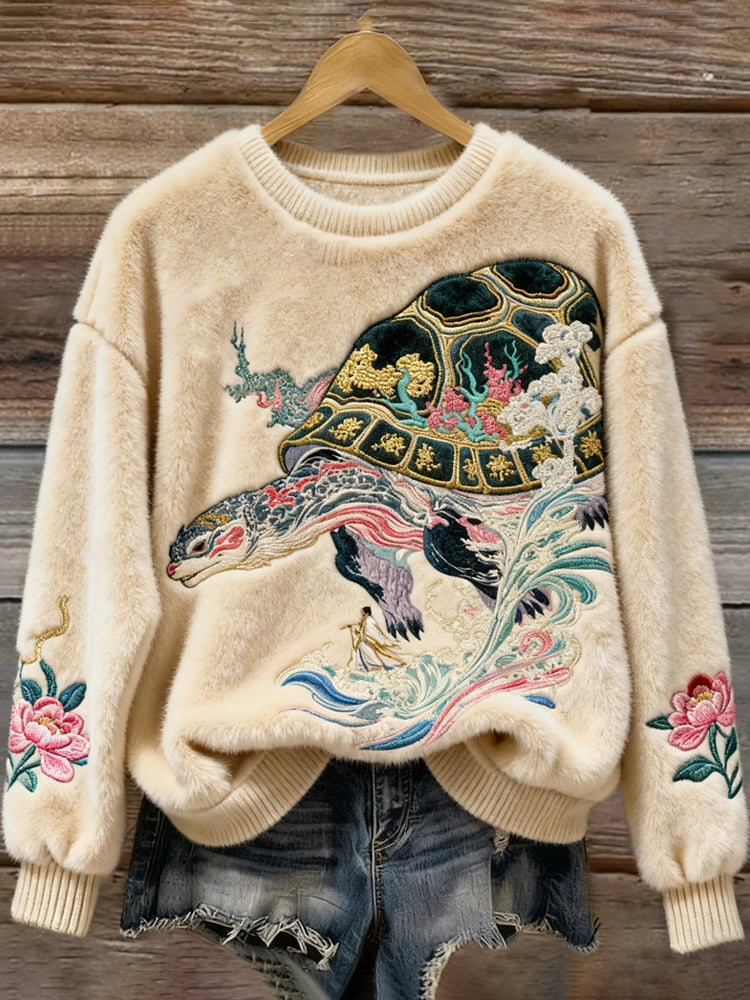 Comstylish Japanese-style Divine Tortoise Embroidery Design Women's Flannel Sweater