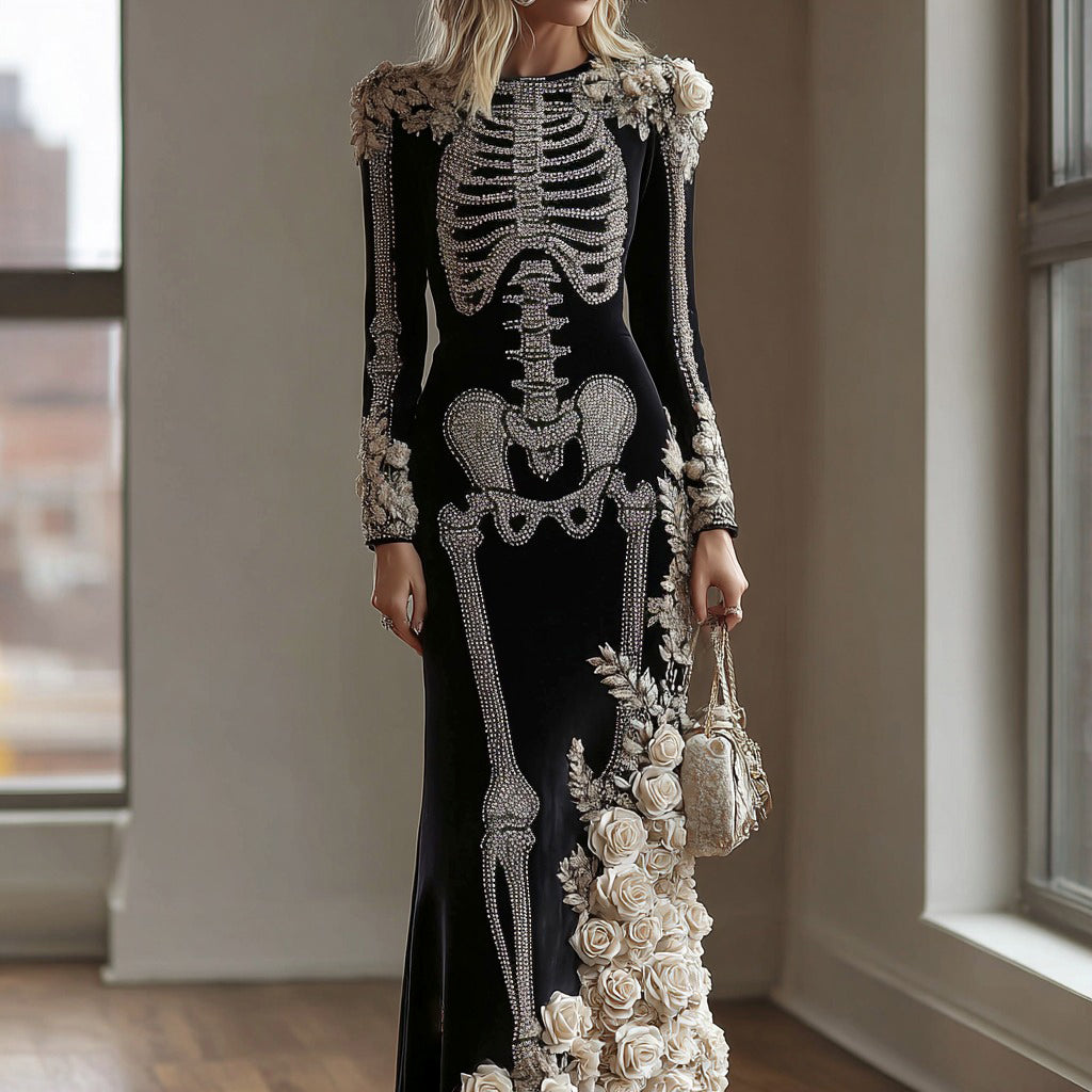 Comstylish Women's Gothic Style Rose Skeleton Velvet Round Neck Maxi Dress