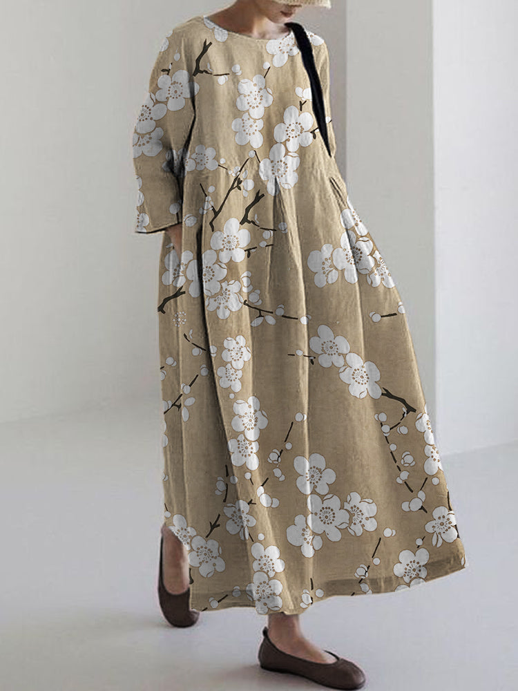 Comstylish Plum Blossom Japanese Lino Pattern Linen Blend Maxi Dress