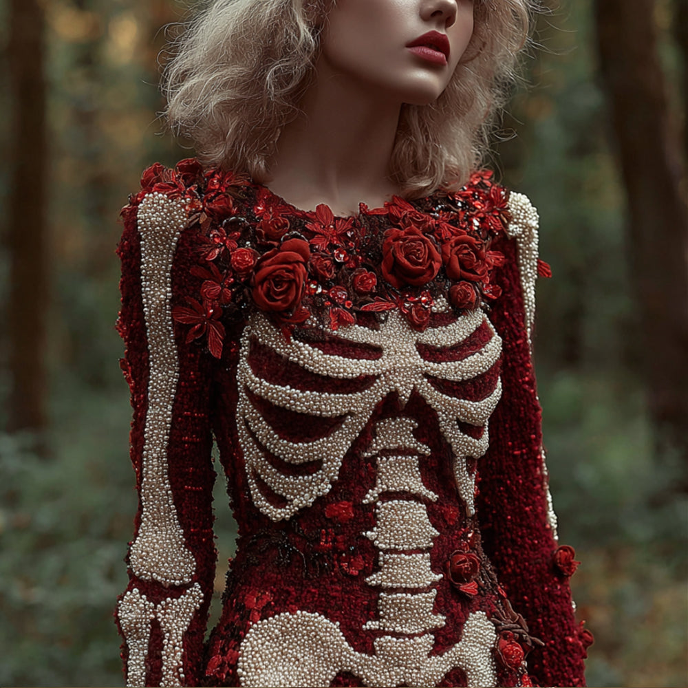 Women's Halloween Skeleton Wild Rose Sparkle Knitted Round Neck Sweater artswardrobe