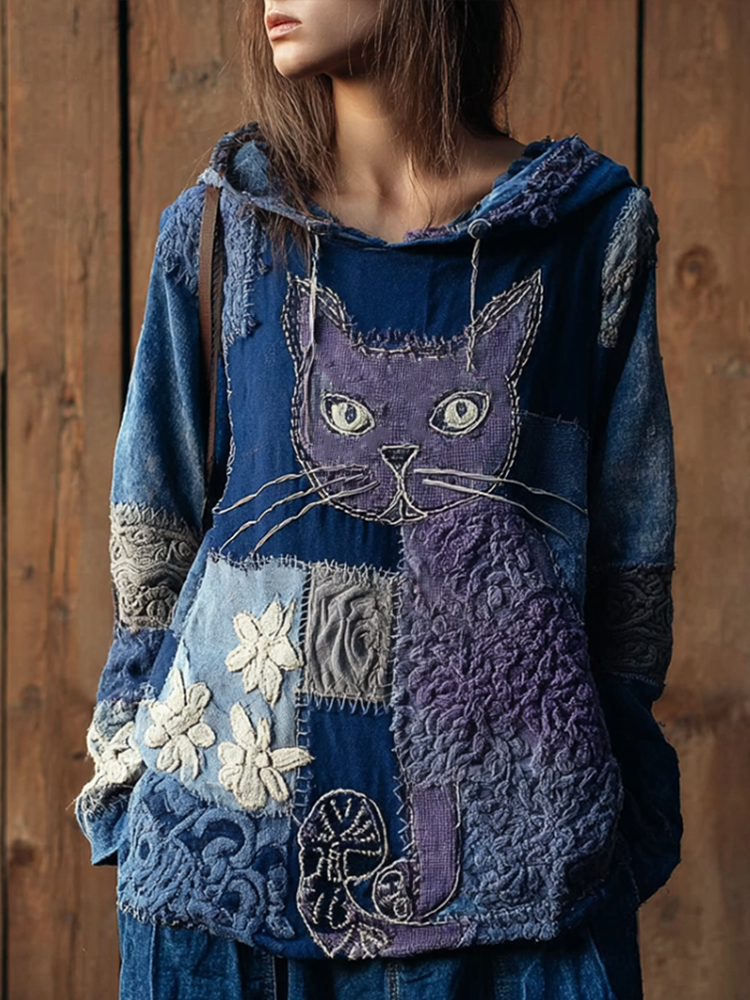 Comstylish Japanese Art Style Cat And Plant Flower Pattern Embroidery Women's Plaid Hooded Sweater