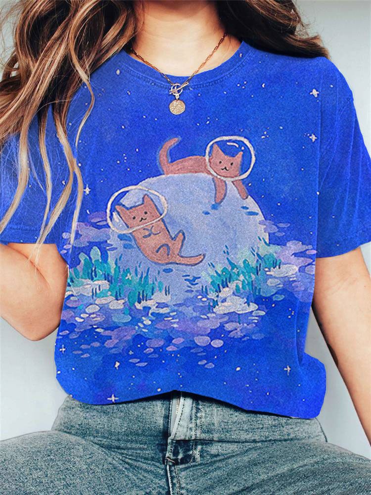 Women's Casual Dream Cat Watercolor Painting Print T-shirt elevenforest