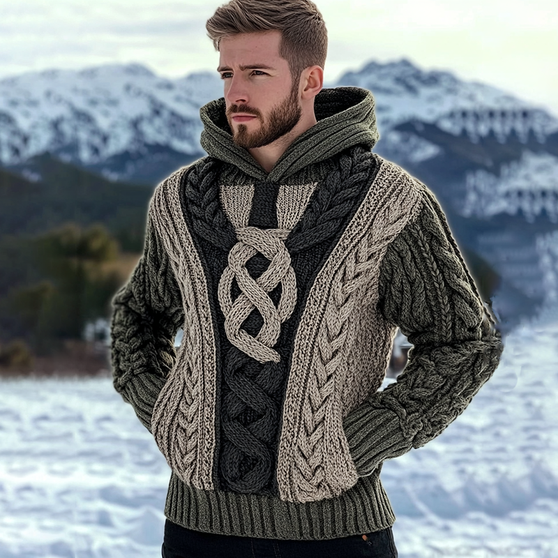 Irish Celtic Jacquard Contrasting Cozy Knit Hooded Sweater artswardrobe