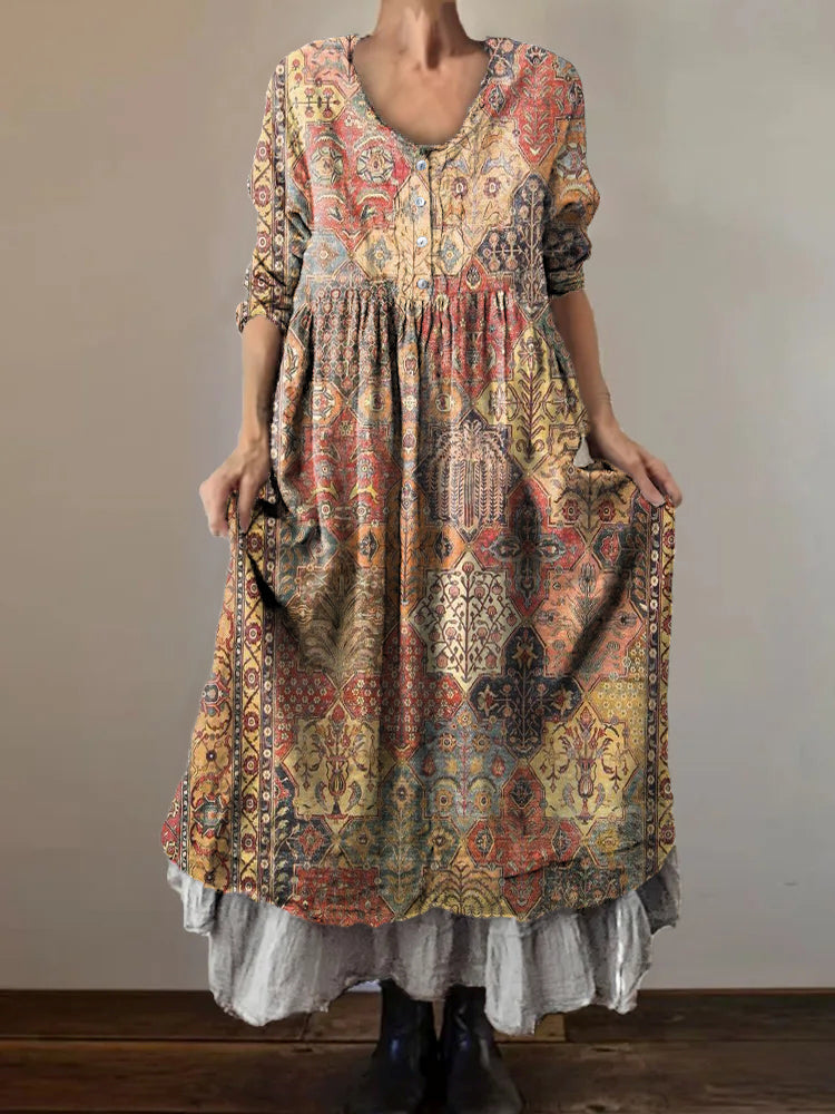 Women's Boho Ethnic Art Motifs Print Button Pocket Cotton Dress