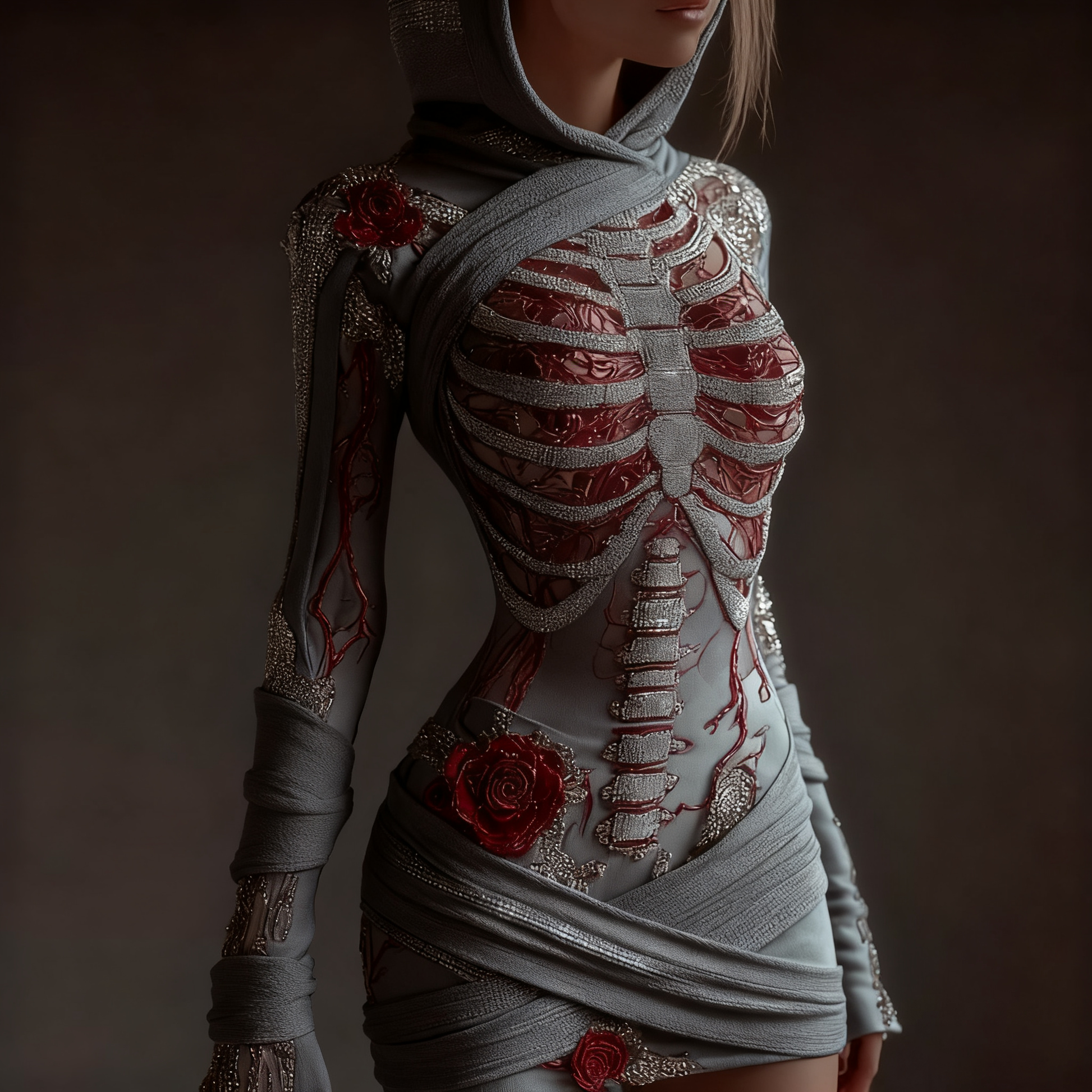 Women's Skeleton Roses Bandages Art Cozy Knit Hooded Mini Sweater Dress artswardrobe