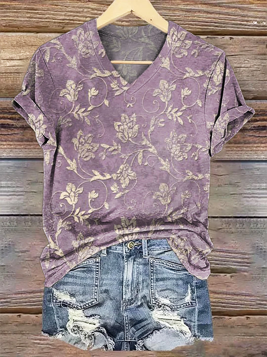 Women's Vintage Folk Art Floral Pattern Print V-neck Casual T-Shirt