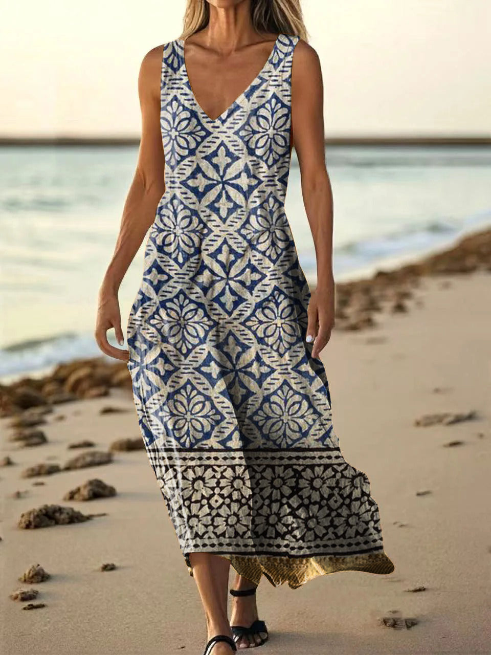 Women's Vintage Ethnic Floral Art Print Pocket Cotton Dress