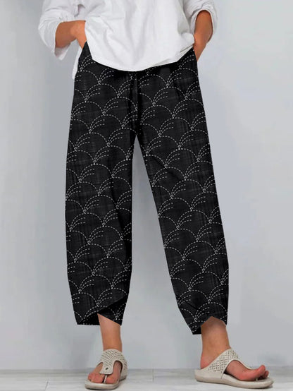 Comstylish Traditional Japanese Sashiko Art Cropped Casual Pants