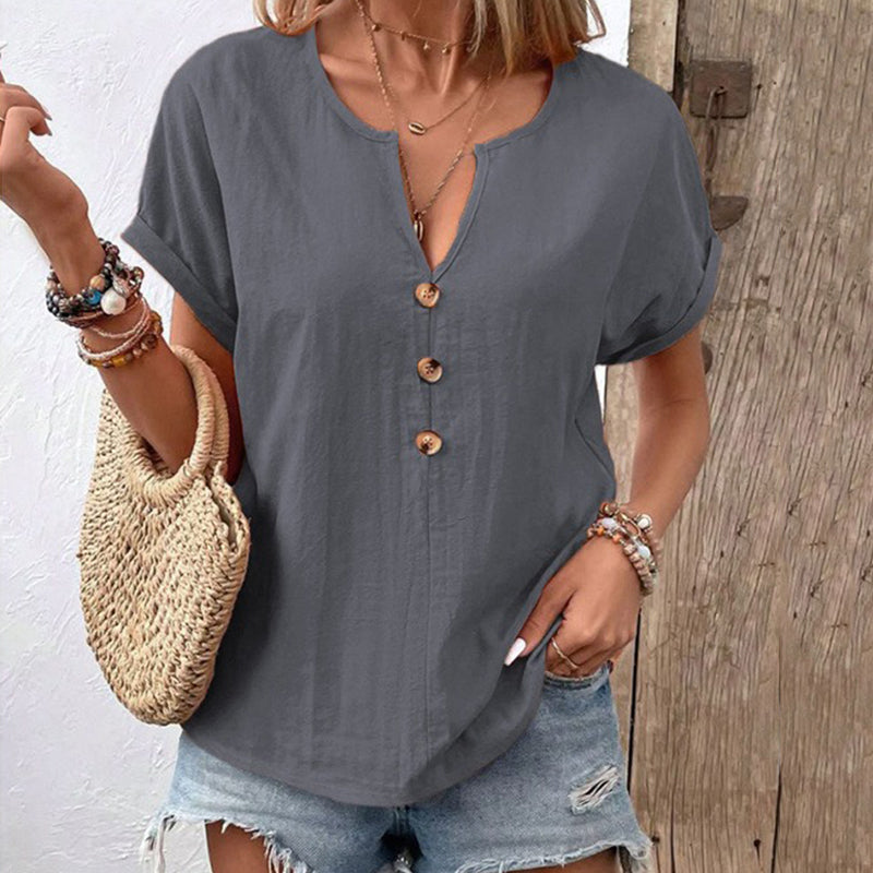 Women's Solid Color Button Linen V-neck T-shirt artswardrobe