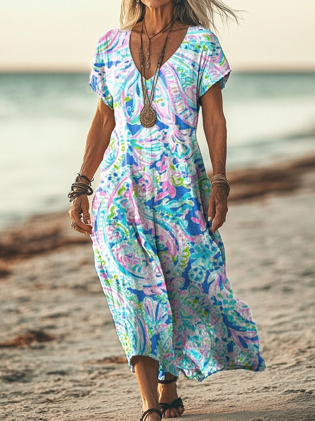 Women's Colorful Cashew Floral Art Print Pocket Cotton Dress