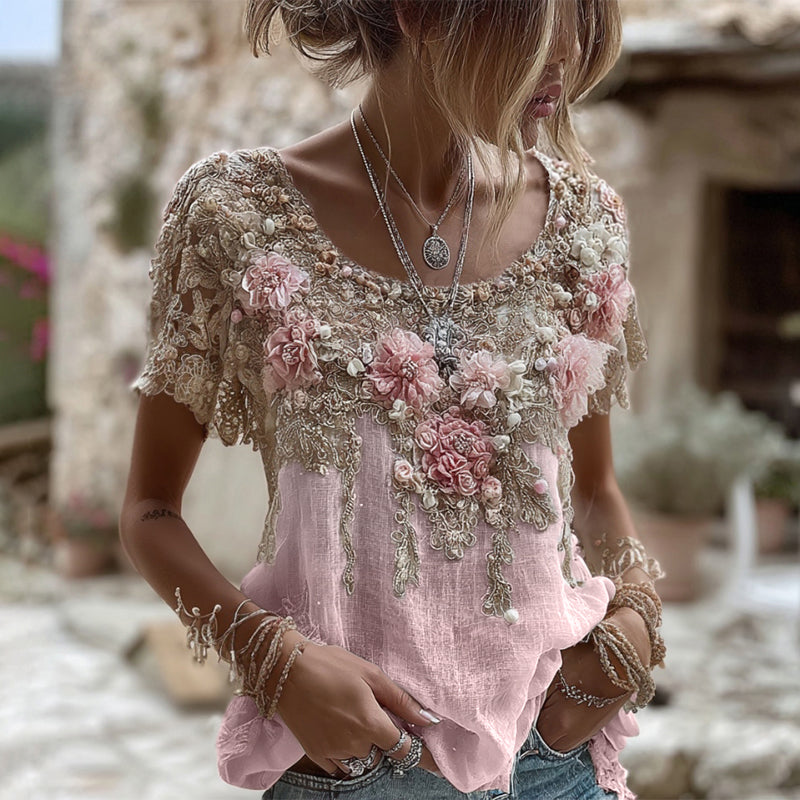 Women's Pink Rose Embroidery Art Round Neck Short Sleeve Linen Blend T-shirt artswardrobe