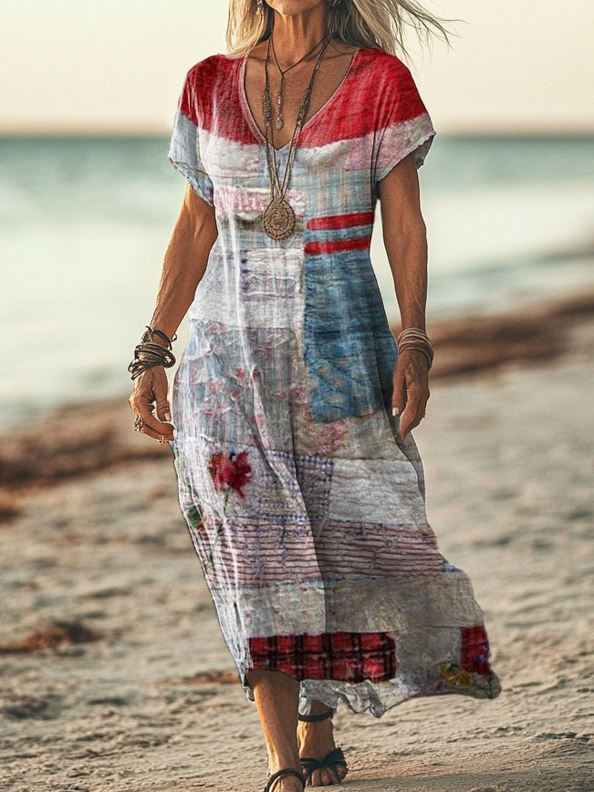 Women's Vintage Floral Patchwork Art Print Pocket Cotton Dress