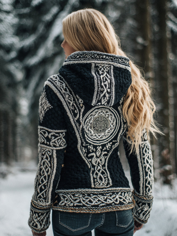 Vintage Celtic Knot Coarse Needle Black And White Color Hooded Sweater artswardrobe