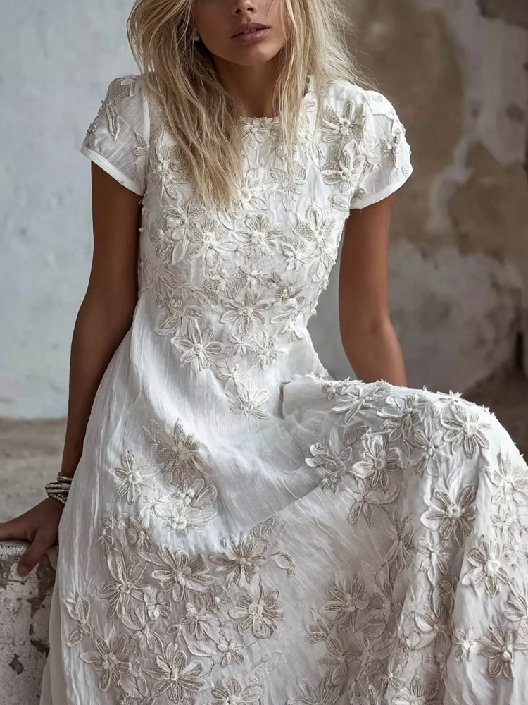 Vintage Floral Lace Embroidered Comfy Linen Maxi Dress elevenforest