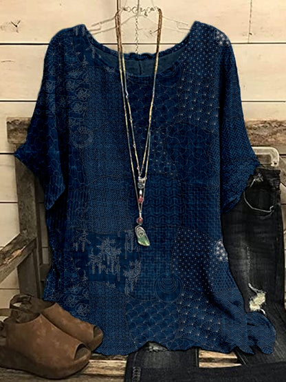 Comstylish Japanese Traditional Sashiko Art Flowy Tunic