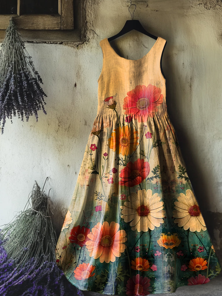 Women's Vintage Floral Art Print Sleeveless Cotton Pocket Dress
