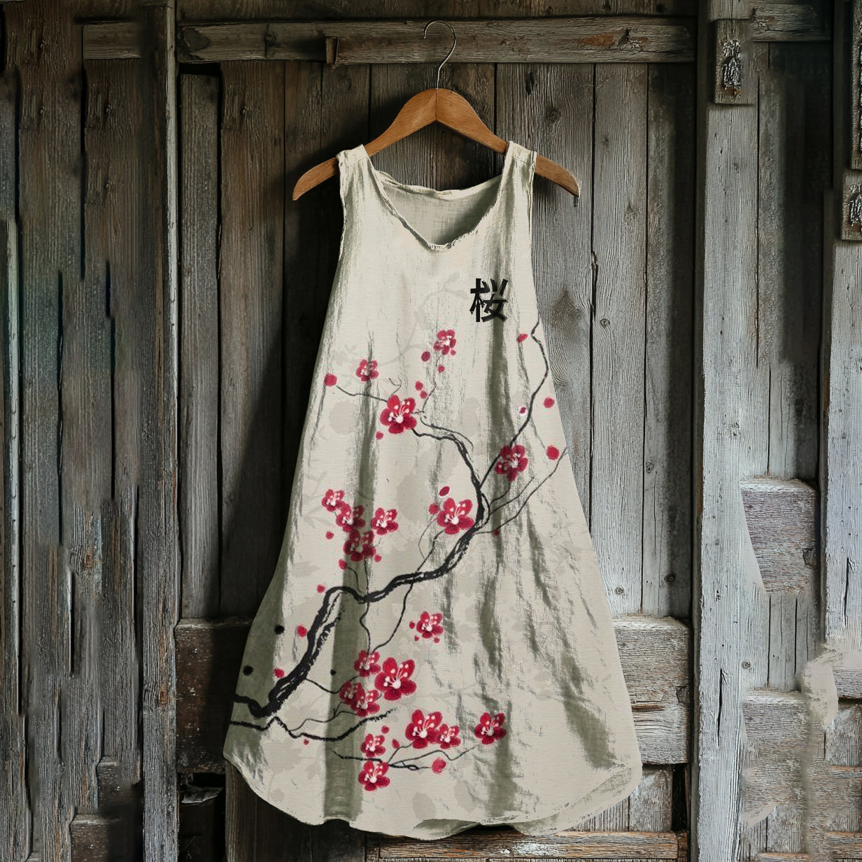 Comstylish Vintage Cherry Blossom Art Linen Blend Tank Dress