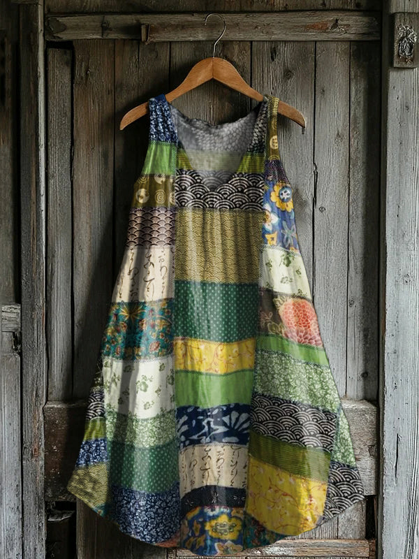 Women's Vintage Floral Patchwork Art Print V-neck Pocket Cotton Dress