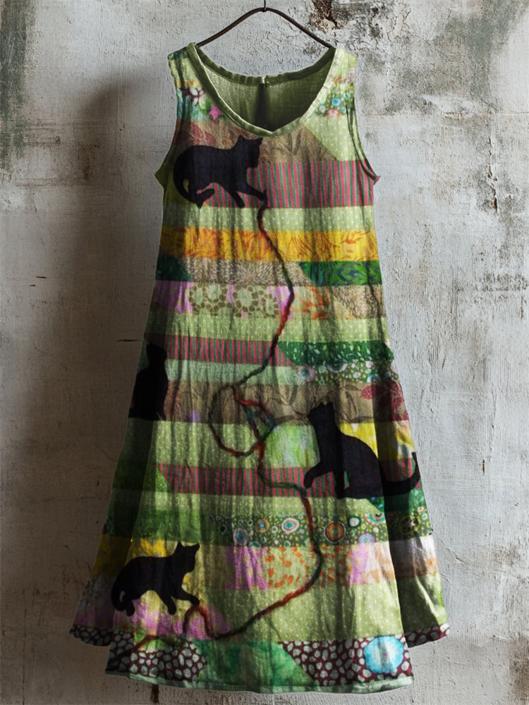 Cats Floral Patchwork Fiber Art Linen Dress elevenforest