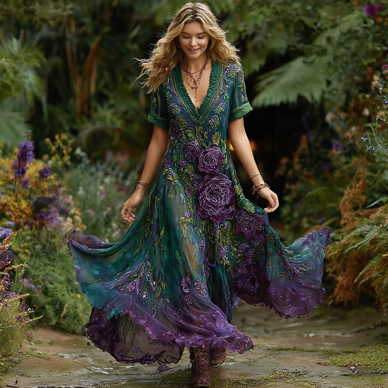 Women's Vintage Purple Rose Pattern V-neck Dress artswardrobe