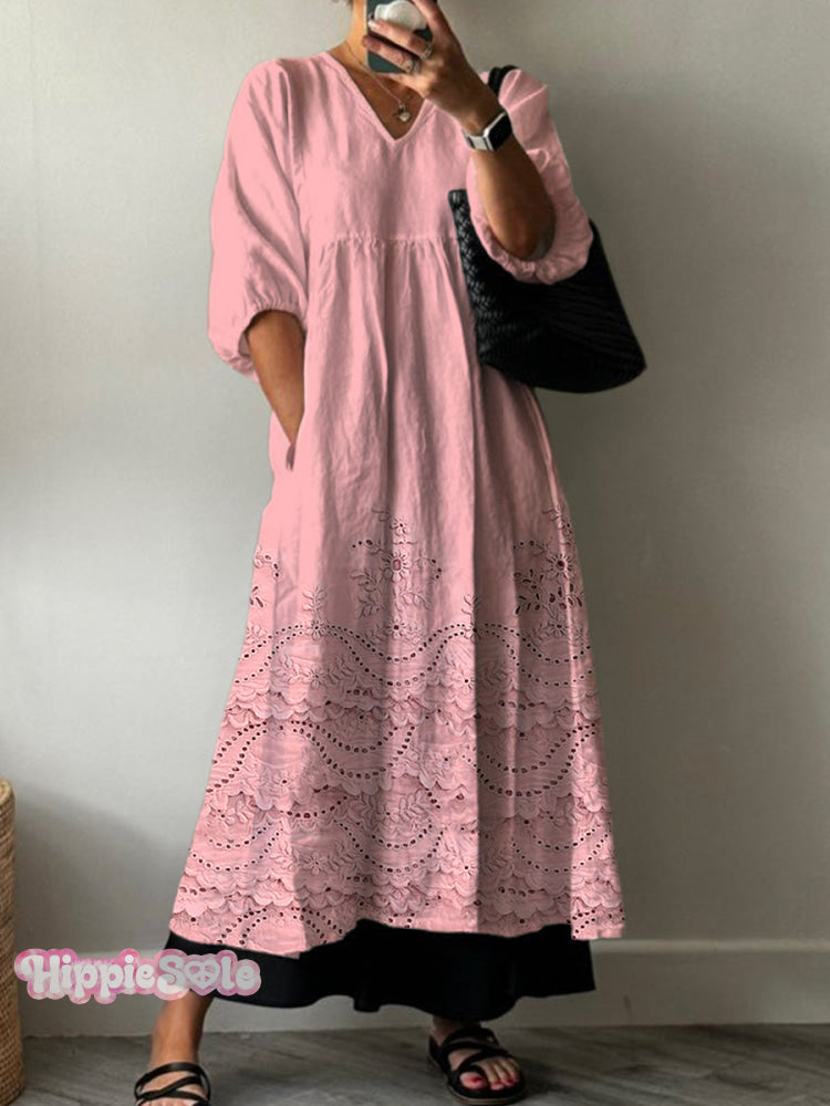 Women's Vintage Lovely Floral Lace Pattern Art Print Pocket V-neck Cot