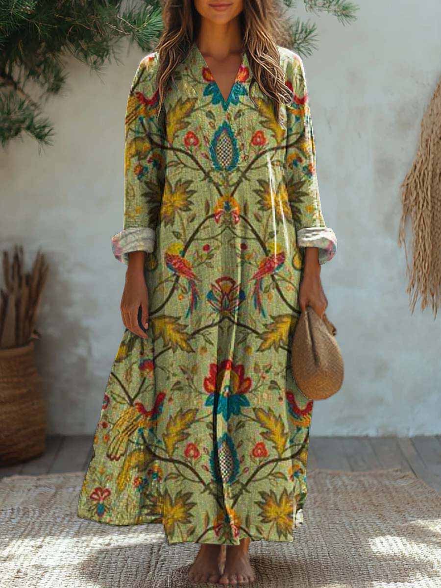 Women'S Vintage Floral Pattern Long-Sleeved Cotton And Linen Dress