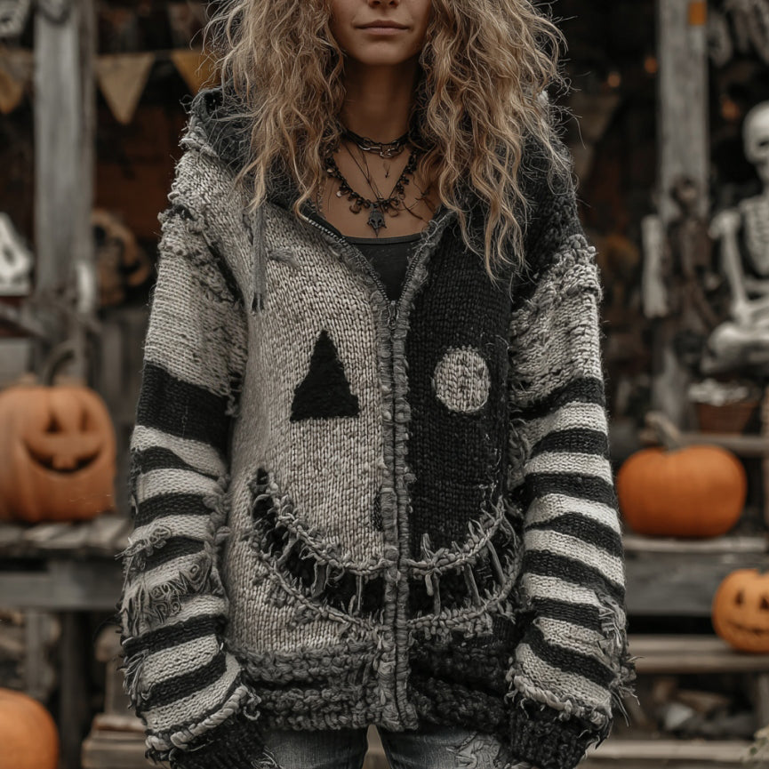 Halloween Pumpkin Face Patchwork Art Cozy Knit Hooded Cardigan artswardrobe