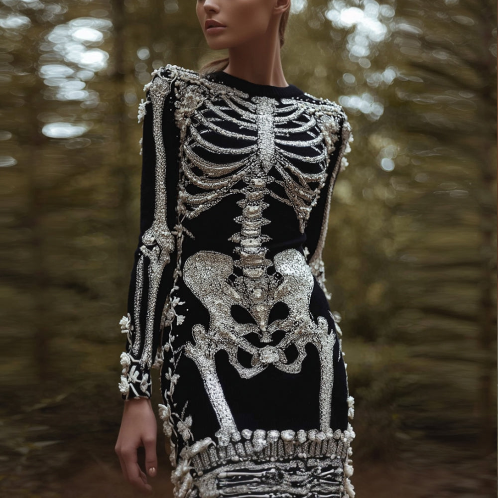 Women's Halloween Human Skeleton Skeleton Rose Diamond Round Neck Dress artswardrobe