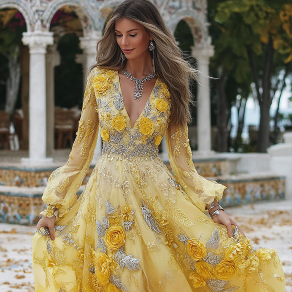 Comstylish Women's Vintage Three-dimensional Yellow Rose V-neck Long-sleeved Dress
