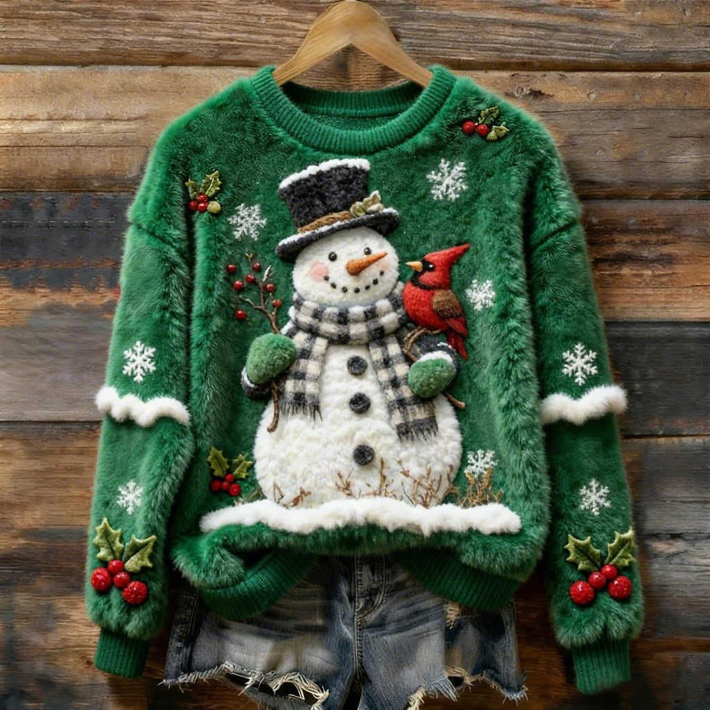 Comstylish Women's Vintage Plush Snowman And Bird Christmas Sweatshirt