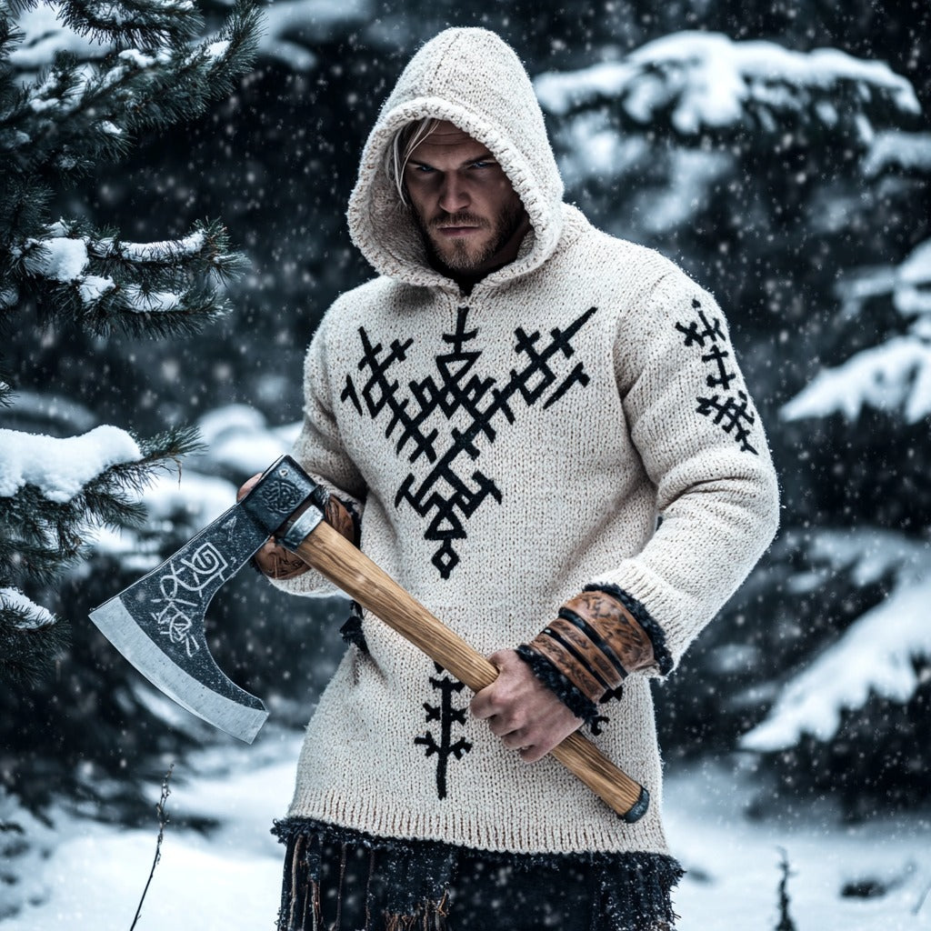 Men's Viking Runes Graphics Inspired Knit Hooded Sweater artswardrobe