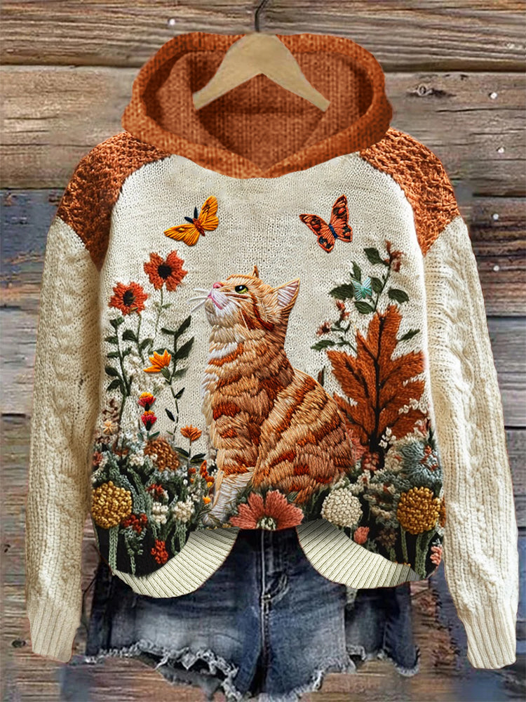 Orange Cat Fall Floral Embroidered Cozy Knit Hooded Sweater elevenforest