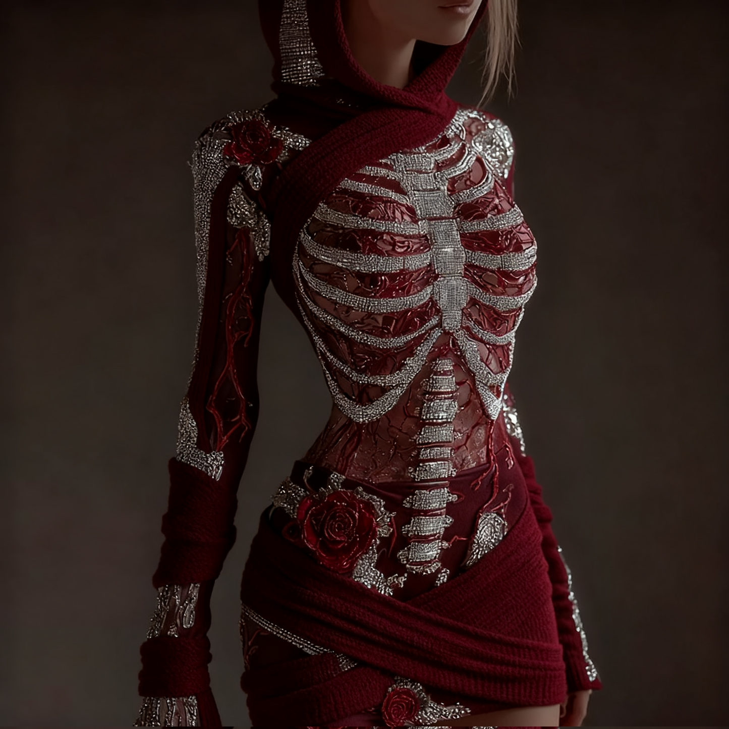 Women's Skeleton Roses Bandages Art Cozy Knit Hooded Mini Sweater Dress artswardrobe