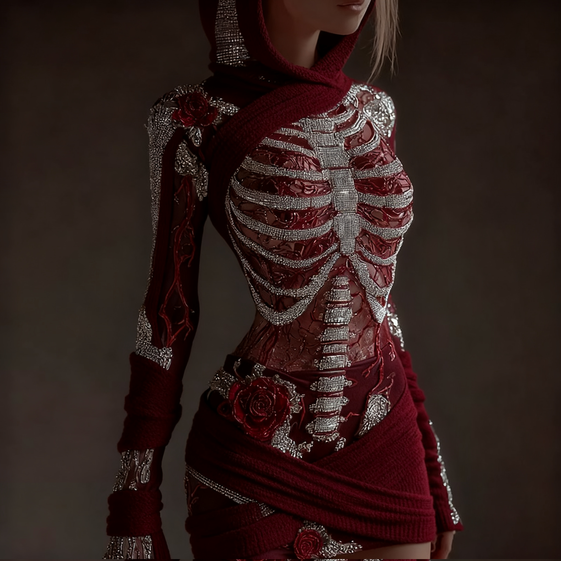 Women's Skeleton Roses Bandages Art Cozy Knit Hooded Mini Sweater Dress artswardrobe