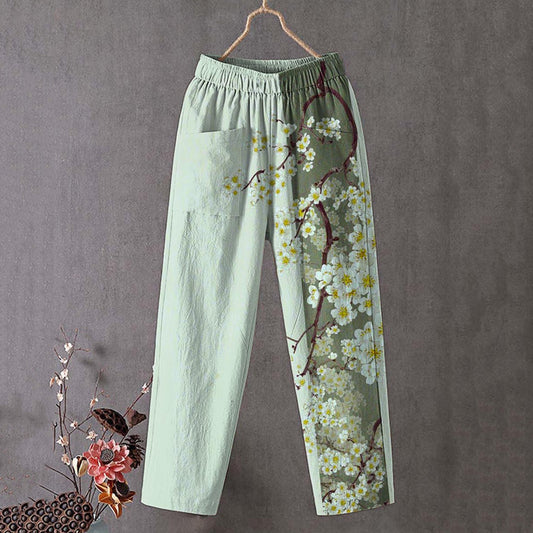 Comstylish Japanese Art Flower Print Linen Blend Pocket Pants
