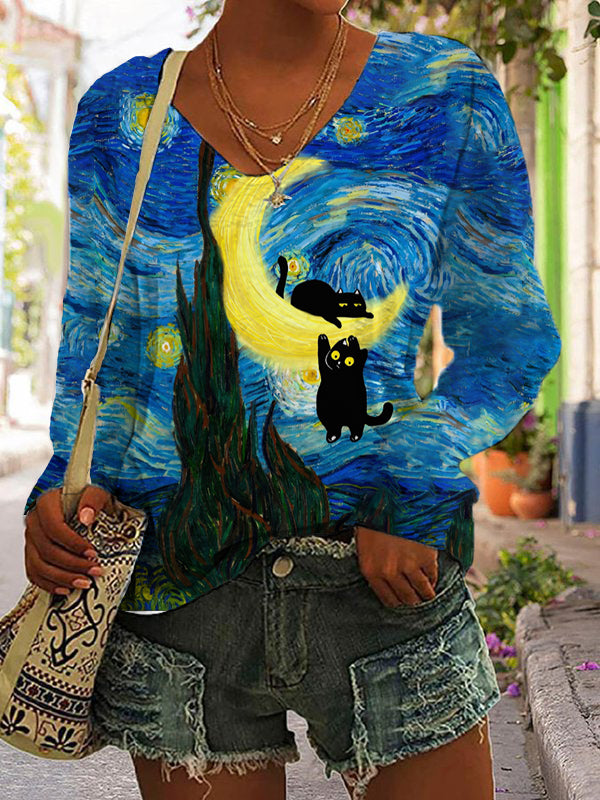 Comstylish Women's Casual Art Funny Black Cat Print T-shirt