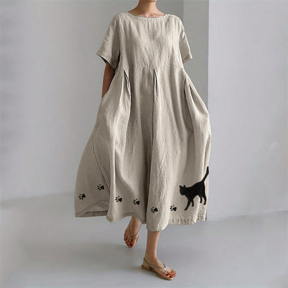 Black Cat & Paw Prints Embroidered Linen Blend Maxi Dress elevenforest