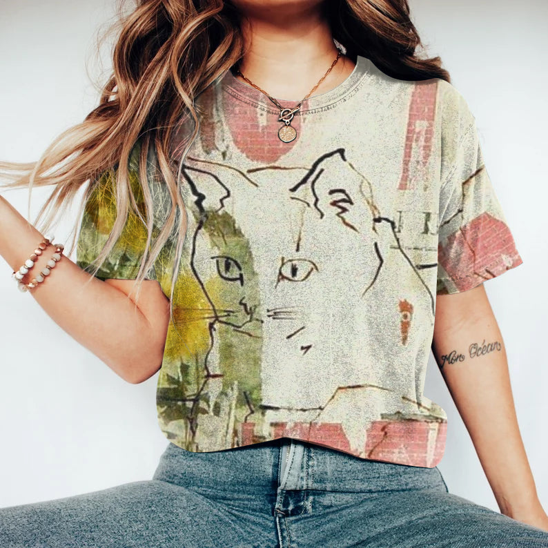 Women's Vintage Cat Print Washed T-shirt elevenforest