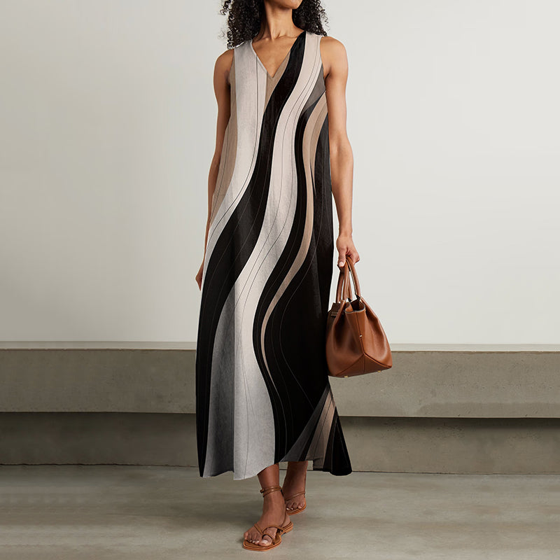 Women's Vintage Stripes Abstract Waves Art Sleeveless Dress artswardrobe